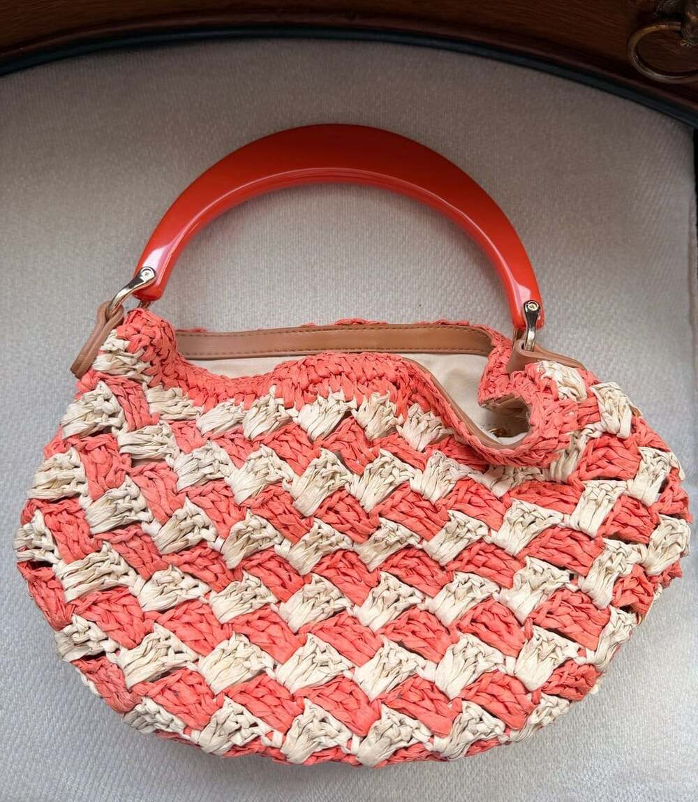 Cute Mini Straw Raffia Crochet Handbag Peach White Coral Purse Beach Boho Bag